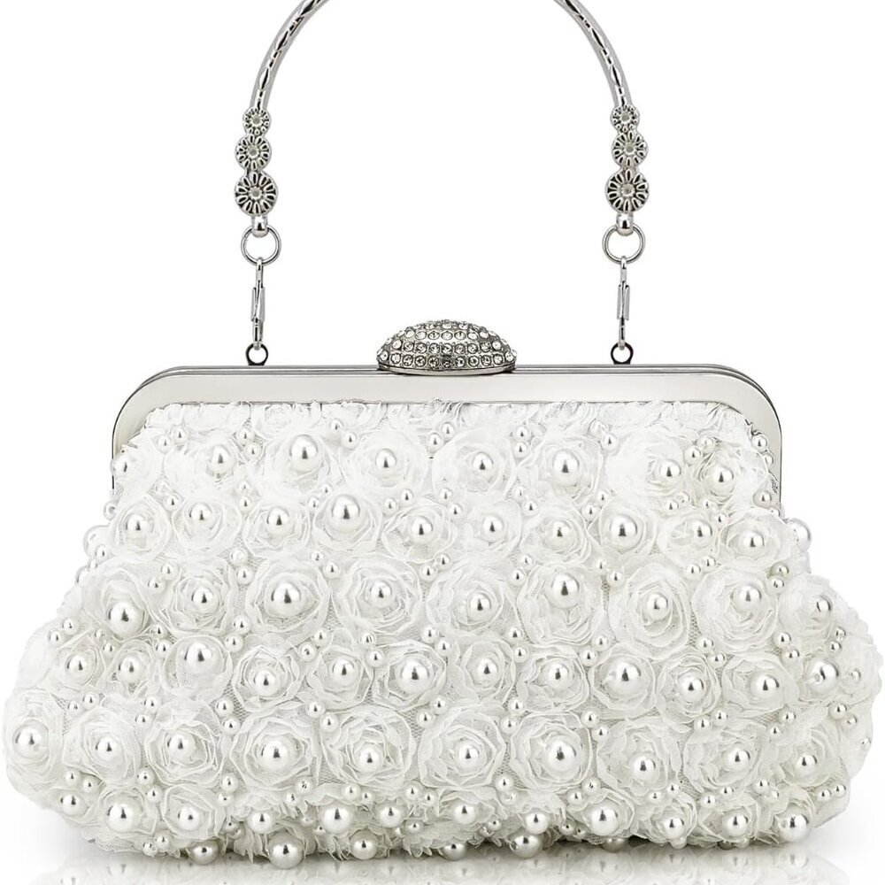 Pearl Flower Clutch Purse for Women Bridal Evening Bag Prom Wedding